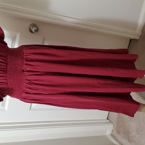 GOMORN l flowy chiffon burgandy midi slip on smock waist surplice batwing sleeve - Picture 4 of 13